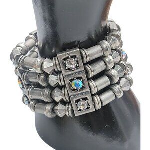 Chunky Steampunk Cuff Stretch Bracelet Silver Plated Beads Rhinestones 7"
